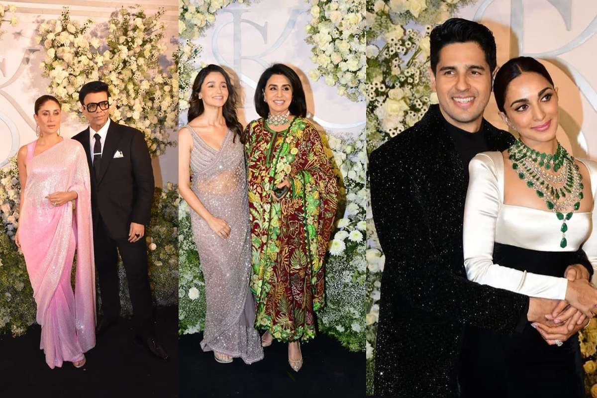 Alia Bhat, Karan Johar, Kareena Kapoor, Kajol and Ajay Devgn, Neetu Kapoor, and Isha Ambani graced their reception wearing shimmering sarees and glittering suits.