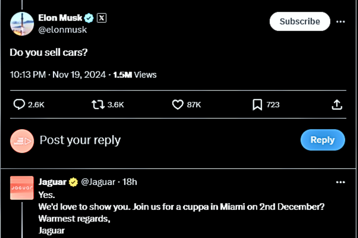 Elon Musk pokes Jaguar over new logo, gets invited for a Cuppa 