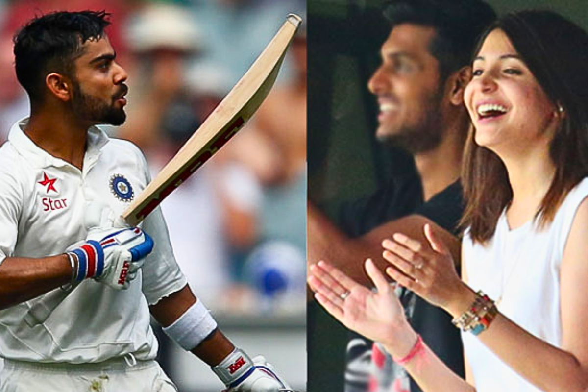 Virat Kohli blowing a kiss to Anushka Sharma after scoring century in Boxing day test in 2014.