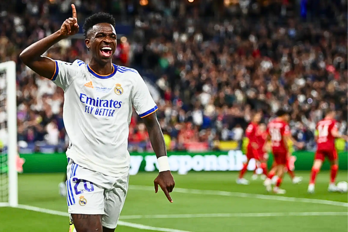 Vinícius Júnior celebrating after scoring at Anfield the last time Real Madrid faced Liverpool at their home.