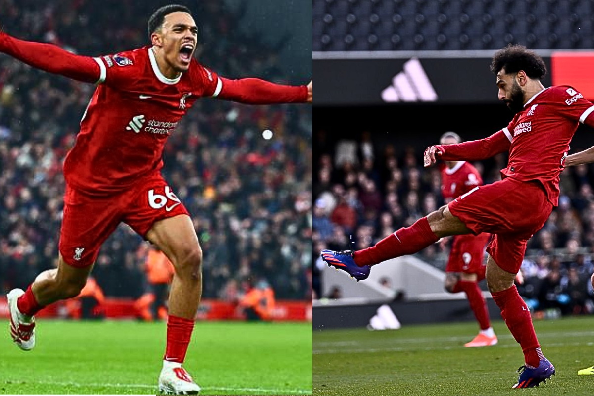 Liverpool players celebrating after scoring goals against Fulham.