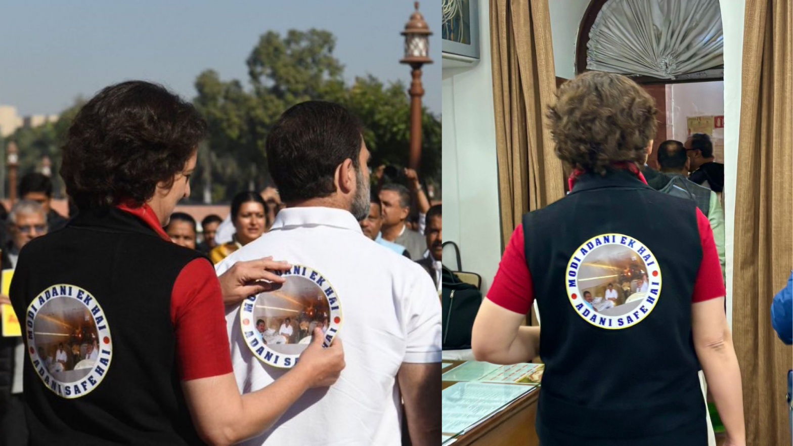 Leader of Opposition Rahul Gandhi and Wayanad MP Priyanka Gandhi staged a protest, wearing t-shirts printed on the back “Modi Adani ek hai, Adani safe hai.”