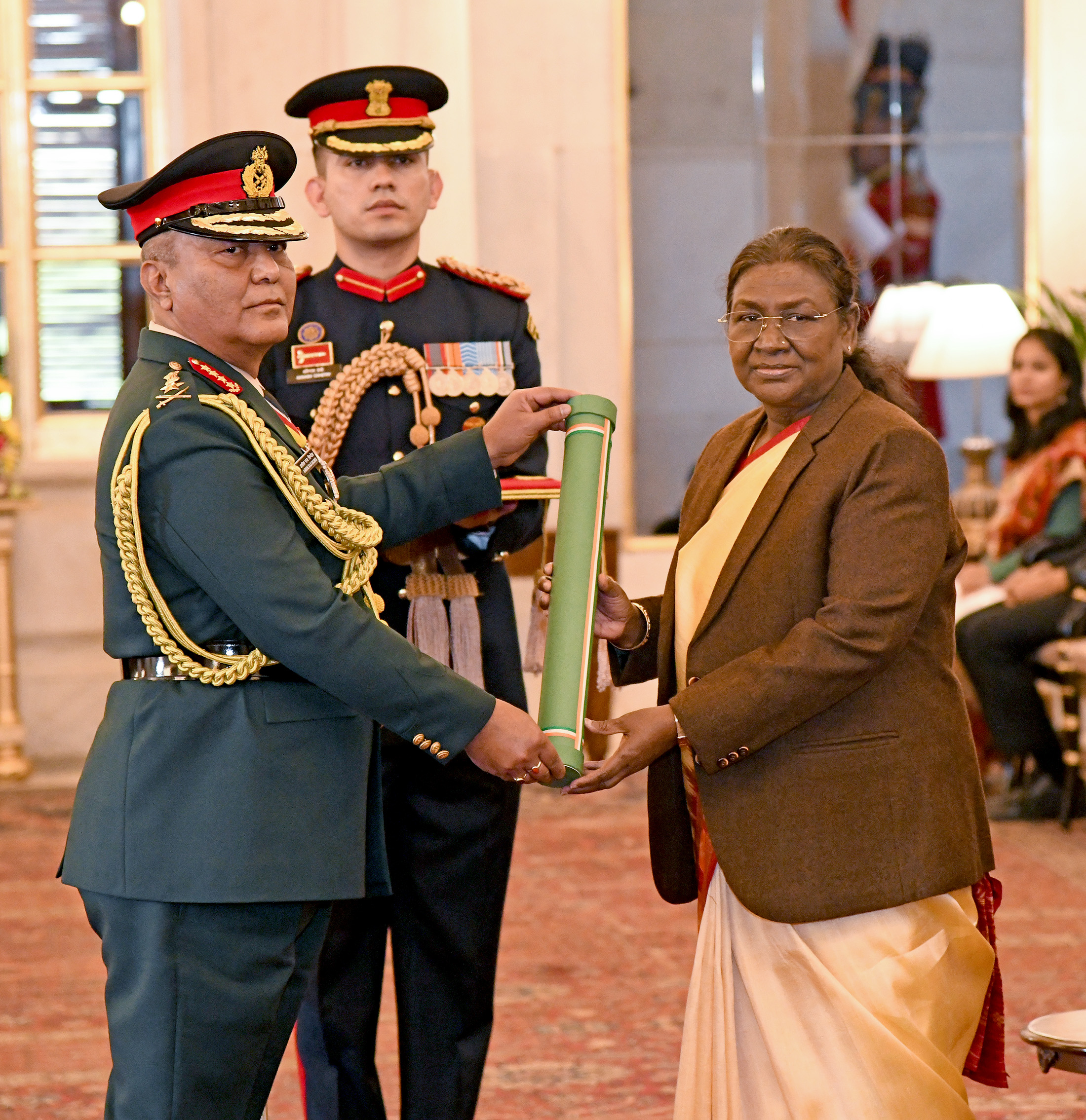 President Murmu confers honorary general rank on Nepal Army Chief Ashok Raj Sigdel.