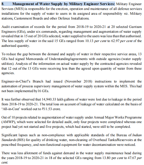 Report of the Comptroller and Auditor General of India on UnionGovernment (Defence Services-Army) presented in Parliament: Indian Military Engineer Services faces challenges in managing water supply.